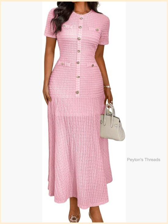 Dresses & Skirts - Knit Midi Dress with Decorative Metal Buttons, Crew Neck Short Sleeve